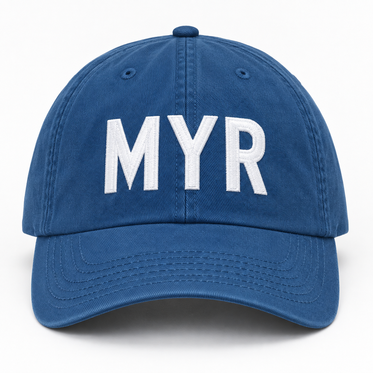 A blue cotton baseball cap with the letters 'MYR' embroidered in white across the front, shown against a plain white background.
