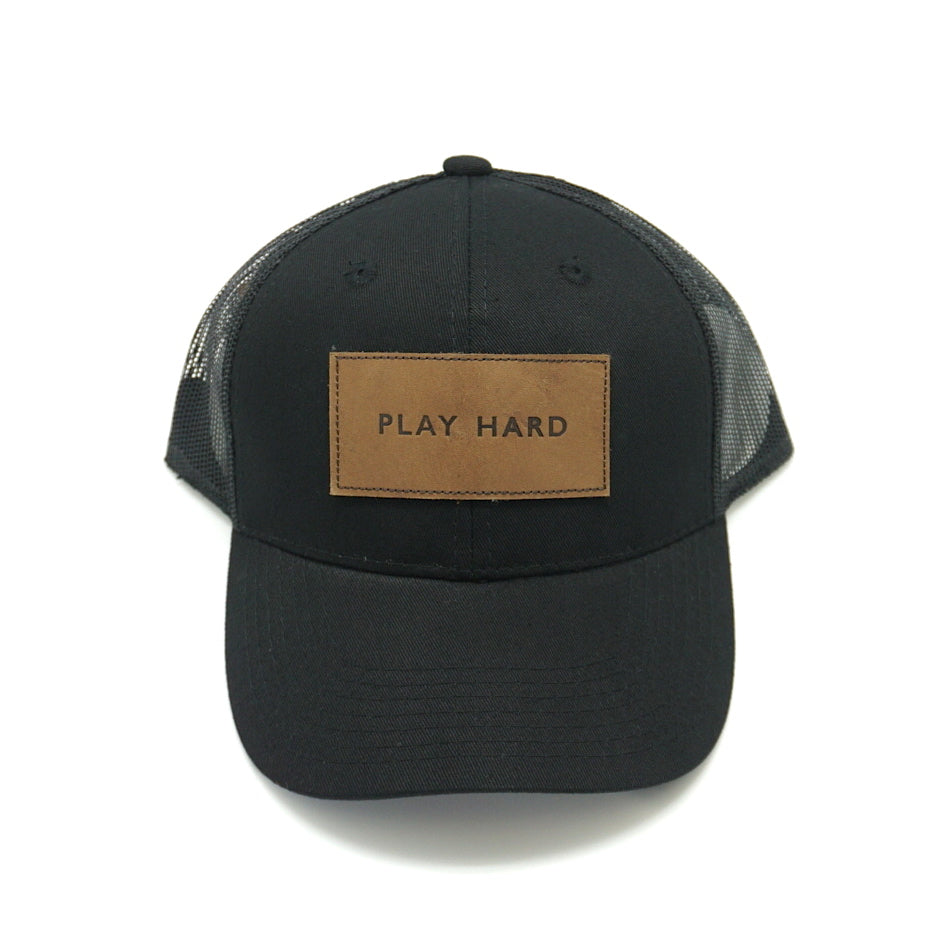 Play Hard Leather Patch Trucker Hat
