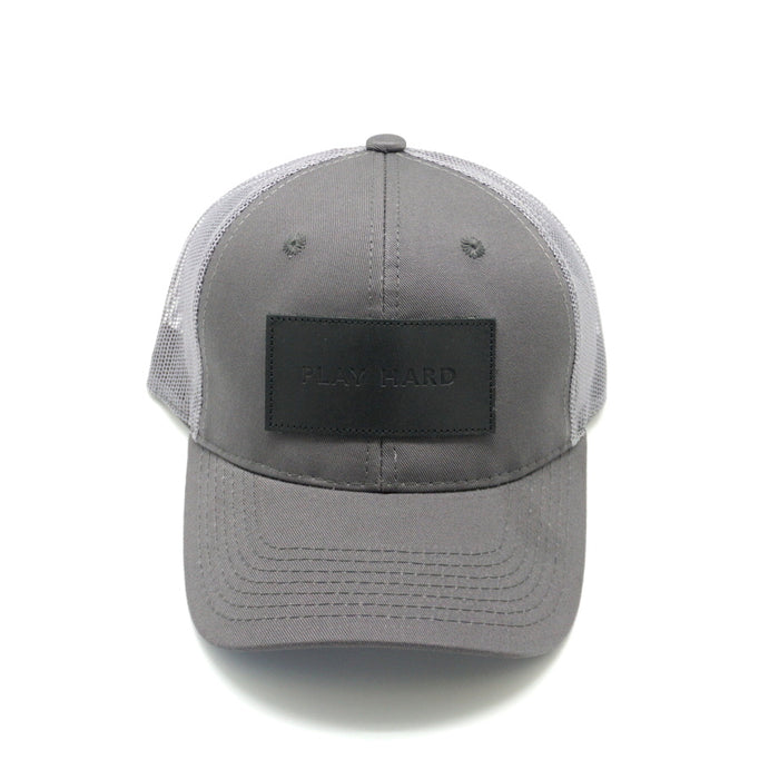 Play Hard Leather Patch Trucker Hat